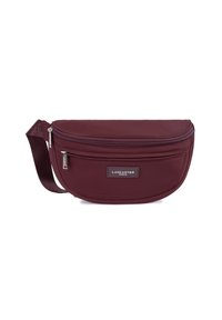 Marsupio in nylon color bordeaux con un design curvo, dotato di una tasca frontale con zip e una finitura liscia. Include una tracolla per un facile utilizzo.