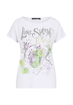 White T-shirt featuring a colorful illustration of a drink recipe with limes, mint, and lavender. Text includes "Lime Splash Lemonade" in stylized fonts.