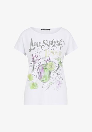 White T-shirt featuring a colorful illustration of a drink recipe with limes, mint, and lavender. Text includes "Lime Splash Lemonade" in stylized fonts.