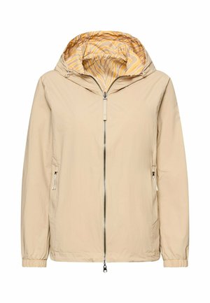 Jasno beżowa kurtka z kapturem, z pełnym zamkiem z przodu, zamykanymi na suwak bocznymi kieszeniami, elastycznymi mankietami oraz żółtym, wzorzystym podszyciem wewnętrznym kaptura.