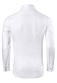 Witte blouse met lange mouwen, klassieke kraag, gladde textuur en getailleerde pasvorm. Heeft knoopmanchetten en rugnaden voor een betere vorm.