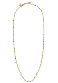 Collar de cadena de oro con cuentas lisas alternas y cristales redondos y transparentes. Presenta un cierre de langosta y una pequeña etiqueta con el logo.