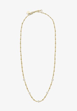 Gouden ketting met afwisselend gladde kralen en ronde, heldere kristallen. Voorzien van een lobster clasp en een klein logo label.