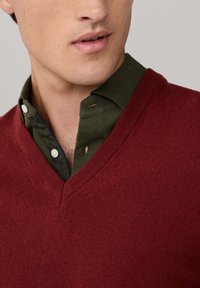 Maglione bordeaux con scollatura a V, indossato sopra una camicia a collo verde scuro. Il maglione ha una trama morbida e bordi a costine.