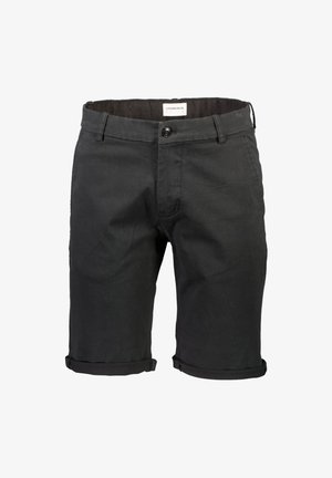 Shorts negros de tejido texturizado, con cierre de botón, puños enrollados y etiqueta en la cinturilla. Diseño simple sin patrones.