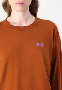 Rudas per didelis marškinėliai pagaminti iš minkštos medvilnės. Turi apvalią iškirptę ir mažą mėlyną "AMERICAN VINTAGE" logotipą ant kairiojo krūtinės.