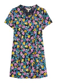 Sukienka z krótkim rękawem w granatowym kolorze, z kwiatowym wzorem różowych i żółtych tulipanów oraz zielonymi liśćmi. Miękka tekstura, okrągły dekolt.
