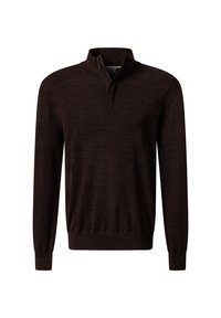 Maglione marrone scuro a maniche lunghe con colletto alto con zip e polsini e orlo a coste, presentato su uno sfondo bianco.