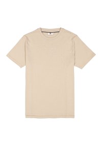 Camiseta de algodón beige de mangas cortas, con cuello redondo y un sutil diseño de texto en el frontal. Textura ligera y suave.
