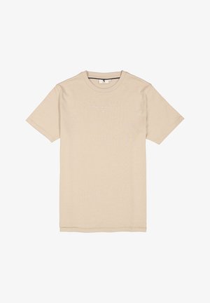 Beige Baumwoll-T-Shirt mit kurzen Ärmeln, Rundhalsausschnitt und einem dezenten Textdesign auf der Vorderseite. Leicht und mit glatter Textur.