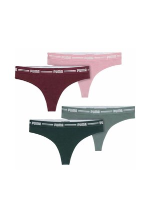 Four women's Puma brand thong-style underwear in pink, burgundy, dark green, and light green, arranged overlapping on a white background.