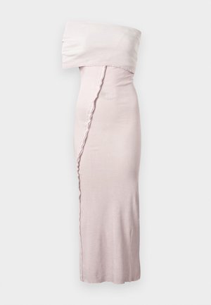 Strapless light pink midi dress with a ruffled diagonal seam down the front and a folded-over neckline detail.