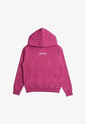 Felpa con cappuccio di un vivace rosa acceso, con maniche lunghe, polsini e orlo a costine e testo bianco "Disclaimer" centrato nella parte superiore della schiena.