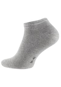 Calzino grigio alla caviglia realizzato in materiale morbido, con una cintura a costine e una superficie liscia. Marcature di taglia 39-42 stampate sul lato.