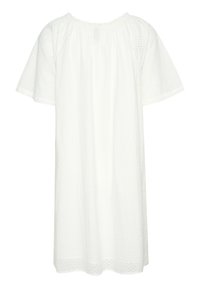 Rochie ușoară albă, cu mâneci scurte, guler elastic și model brodat cu orificii pe întreaga suprafață. Design fluid, până la genunchi.