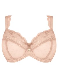 Light pink underwire bra with lace accents, a textured pattern, and a small gold drop pendant at the center. Adjustable straps included.
