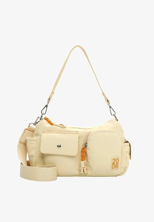 Beige nylon crossbody bag with adjustable strap, featuring orange accents, multiple pockets, and a zippered closure. Size is compact and functional.