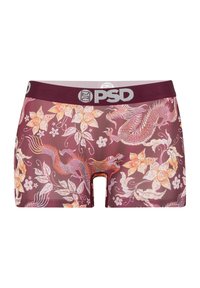Bordeauxfarbene Boxershorts mit floralem und Drachenmuster, mit einem silbernen PSD-Logo am elastischen Bund; glattes, dehnbares Material.