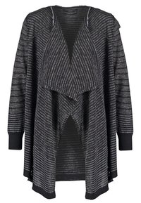 Cardigan noir et gris à manches longues, ouvert devant, avec un motif à rayures diagonales et un large col drapé.