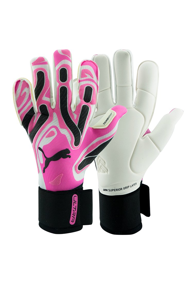 Guanti da portiere con un design luminoso rosa e nero, realizzati in lattice, caratterizzati da un cinturino nero sul polso e una superficie palmare con presa testurizzata.
