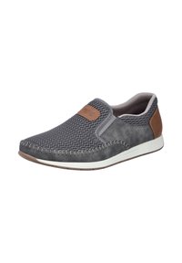 Men's casual slip-on shoe with gray mesh upper, suede sides, brown heel patch, and white rubber sole.