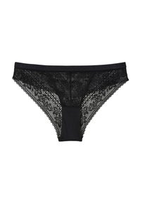 Sous-vêtements en dentelle noire avec un motif floral, présentant des côtés en dentelle fine et un devant en tissu uni, finition avec des bords festonnés.