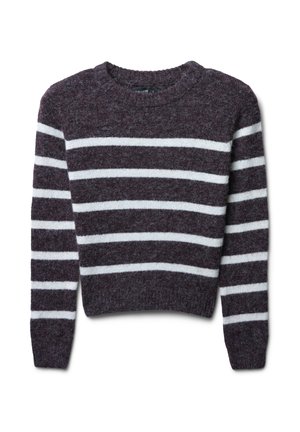 Pull en laine avec un col rond. Corps violet foncé avec des rayures blanches horizontales. Texture douce, manches longues et coupe courte.