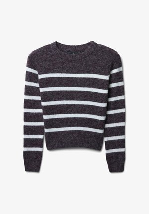 Wollpullover mit Rundhalsausschnitt. Dunkellila Grundfarbe mit weißen horizontalen Streifen. Weiche Textur, lange Ärmel und cropped Design.