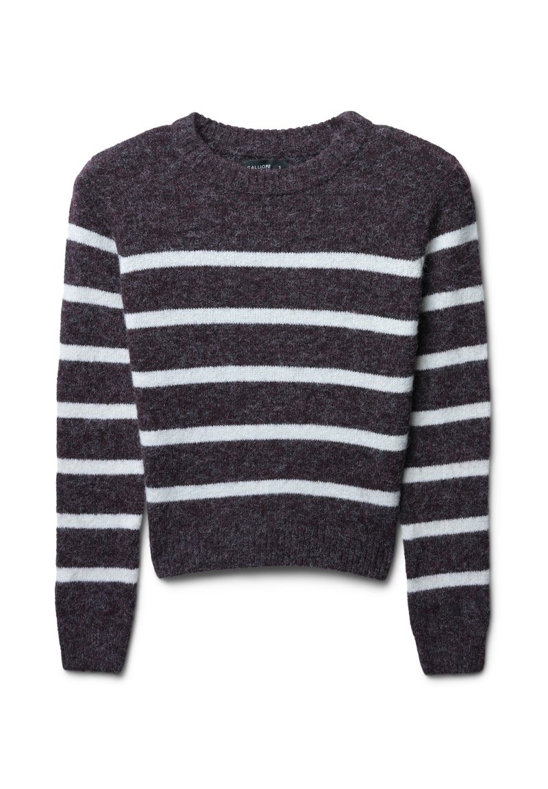 Wollpullover mit Rundhalsausschnitt. Dunkellila Grundfarbe mit weißen horizontalen Streifen. Weiche Textur, lange Ärmel und cropped Design.