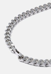 Silver chunky chain necklace with a box clasp, featuring a smooth, polished finish and engraved brand marking on the clasp.