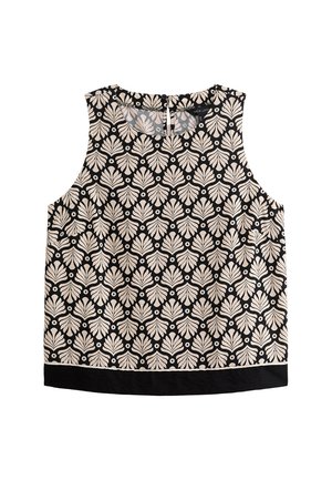 Ärmelloses Oberteil in Schwarz und Creme mit einem Blattmuster. Verfügt über einen einfarbigen schwarzen Saum und einen Knopfverschluss auf der Rückseite. Baumwollstoff.