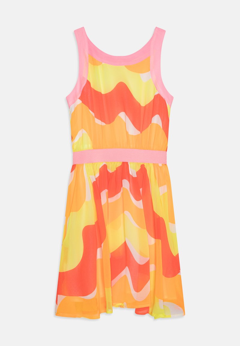 Krāsains bezpiedurkņu kleita ar viļņainiem oranžiem, dzelteniem un rozā rakstiem. Ar rozā elastīgu jostu un viegla, plūstoša auduma.