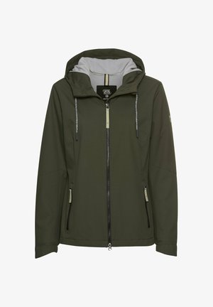 Olijfgroene jas met een ritssluiting aan de voorkant, verstelbare capuchon en twee ritszakken aan de zijkant. Gemaakt van zachte, gestructureerde stof met een grijze voering.