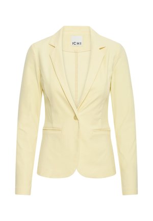 Világos sárga, testhezálló blézer, fodros gallérokkal, egysoros gombolás, két első ferde zsebbel, ICHI márkajelzéssel.