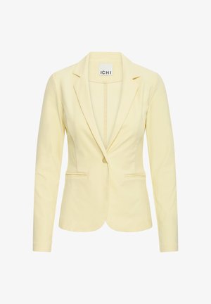 Világos sárga, testhezálló blézer, fodros gallérokkal, egysoros gombolás, két első ferde zsebbel, ICHI márkajelzéssel.