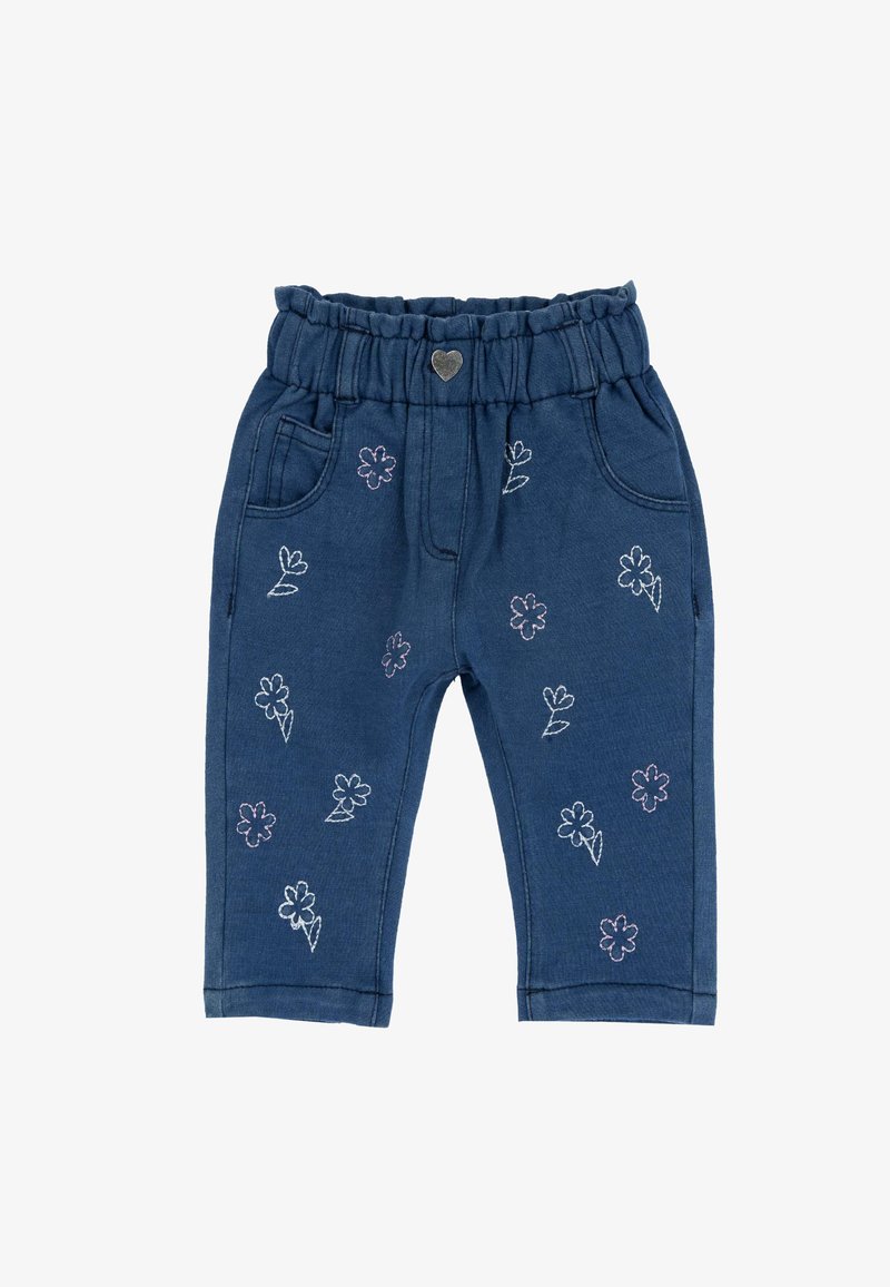 Pantalons bleus à taille élastique pour tout-petits avec poches avant, fleurs brodées roses et blanches, et un petit bouton en forme de cœur argenté.