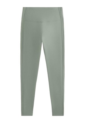High-waisted, seamless light green leggings with side stitching, designed for activewear or casual use.