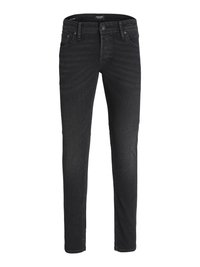Jeans de mezclilla negra con corte ajustado, con una cintura de altura media, diseño de cinco bolsillos y un ligero desgastado para aportar textura. Cierre clásico de botón.