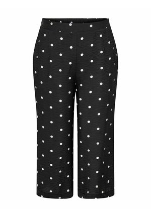 Pantaloni negri cropp cu buline albe, talie elastică și buzunare laterale, prezentate pe un fundal alb.