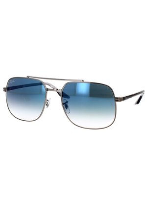 Occhiali da sole rettangolari metallici con lenti blu sfumate, dettagli argento e aste sottili. Design con doppio ponte notevole.