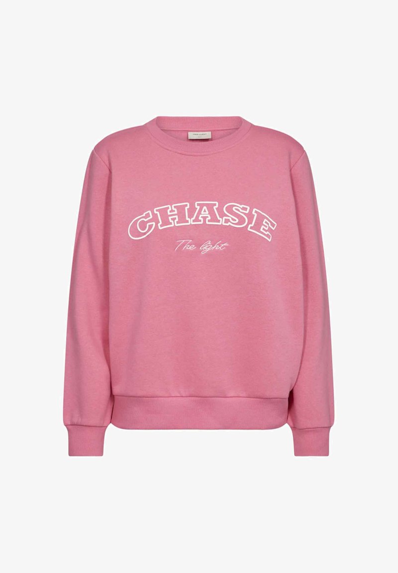 Roze sweatshirt gemaakt van zachte stof met een ronde hals. Heeft witte tekst: "CHASE" en "The light" in verschillende lettertypen. Geribbelde boorden en zoom.