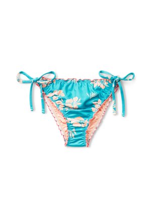 Tyrkysové bikiny s květinovým vzorem, růžovými akcenty a mašličkami na každé straně. Vyrobeno z elastického materiálu s nařasenými detaily.