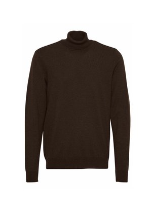 Pull à col roulé marron en tissu tricoté doux, avec des manches longues et des poignets et un ourlet côtelés pour un ajustement confortable.