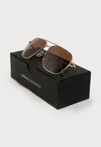 Pilotné slnečné okuliare so zlatým kovovým rámom a hnedými sklami, položené na čiernej krabici označenej "Armani Exchange." Priehľadné nosové podložky.