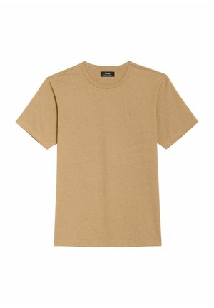 Beżowa bawełniana koszulka, krótki rękaw, okrągły dekolt, subtelna faktura z drobnymi plamkami, małe haftowane logo na klatce piersiowej, regularny krój.