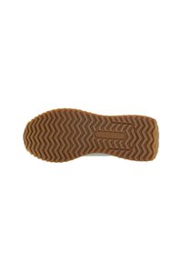 Semelle de chaussure en caoutchouc marron avec un motif de bande de roulement en zigzag et une zone de logo rectangulaire marquée « U.S. POLO ASSN » au centre.