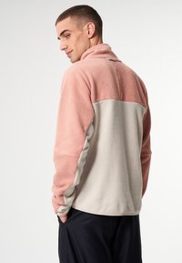 Fleece-Pullover in Rosa und Hellgrau mit hohem Kragen, entspannter Passform und seitlichen Taschen. Weicher Stoff mit Farbblocking in Kontrastfarben.
