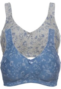 Due bras senza fili in grigio e blu. Entrambi presentano motivi floreali e un piccolo fiocco centrale. Realizzati in tessuto morbido con spalline larghe.