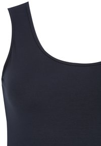 Navy blue tank top with a high neckline, made from smooth fabric. Features wide shoulder straps and a fitted design.