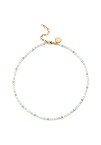 Collar delicado de cuentas con cuentas en azul pastel, rosa, blanco y amarillo, cierre de langosta dorado, cadena ajustable y pequeño charm dorado.
